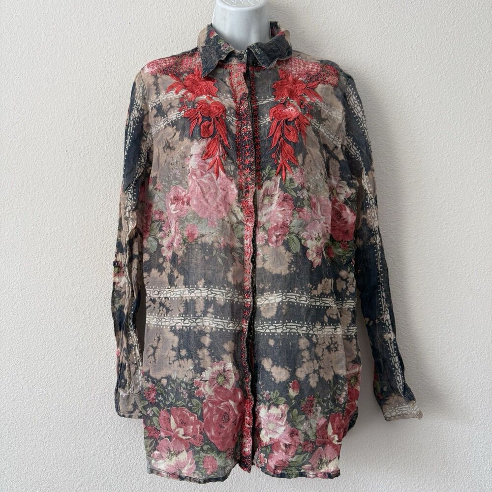 VINTAGE GOA Floral Embroidered Button Up Shirt Medium M Boho Whimsigoth Tunic